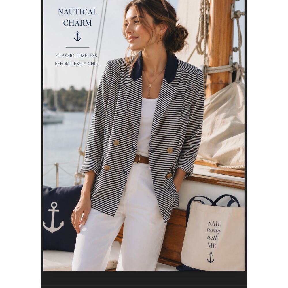 CAbi Navy White Stripe Cardigan Gold Button Detail Size Large Vintage